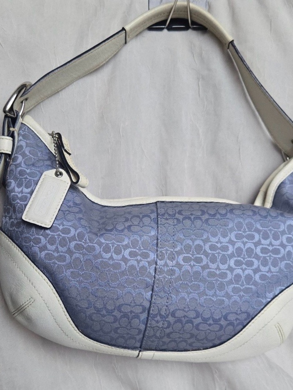 Coach Light Blue Signature Hobo with White Leather Trim